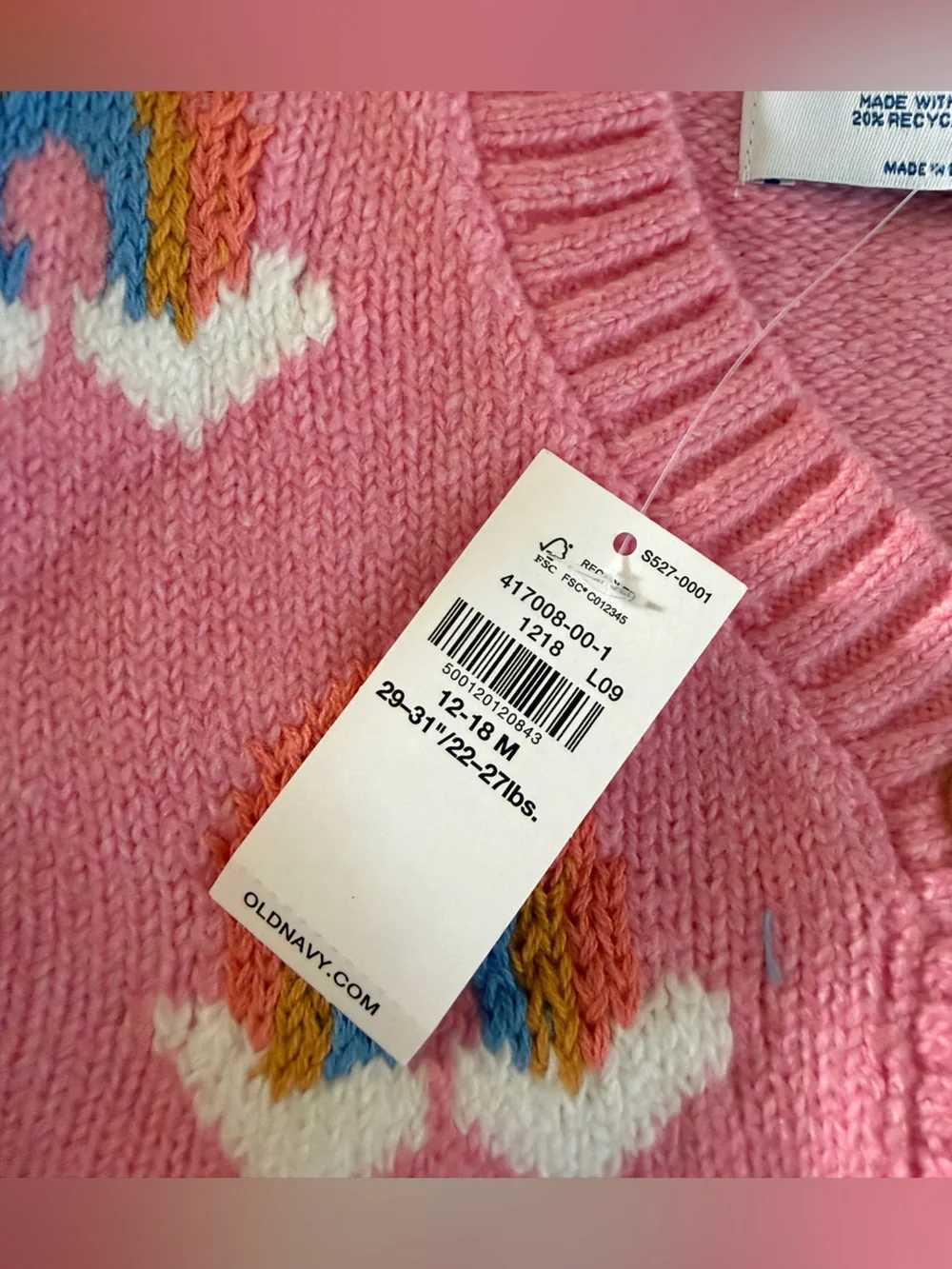 NWT-Old Navy Pink Knit Cardigan with Rainbow Detail-size 12-18 months
